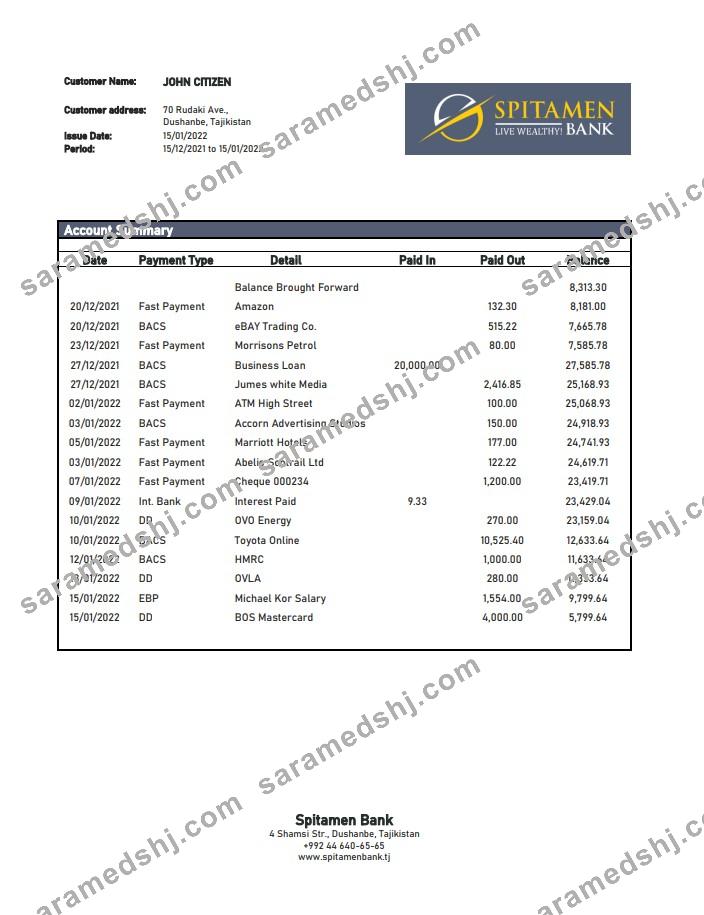 Tajikistan Spitamen Bank statement